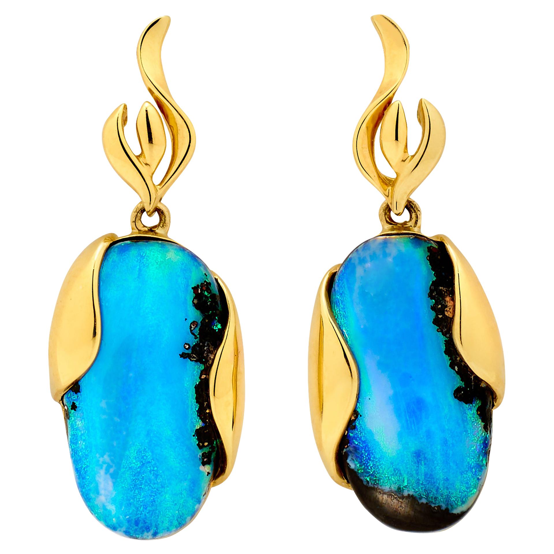 Natural Australian 12.37ct Boulder Opals Dangle Earrings in 18K Yellow Gold