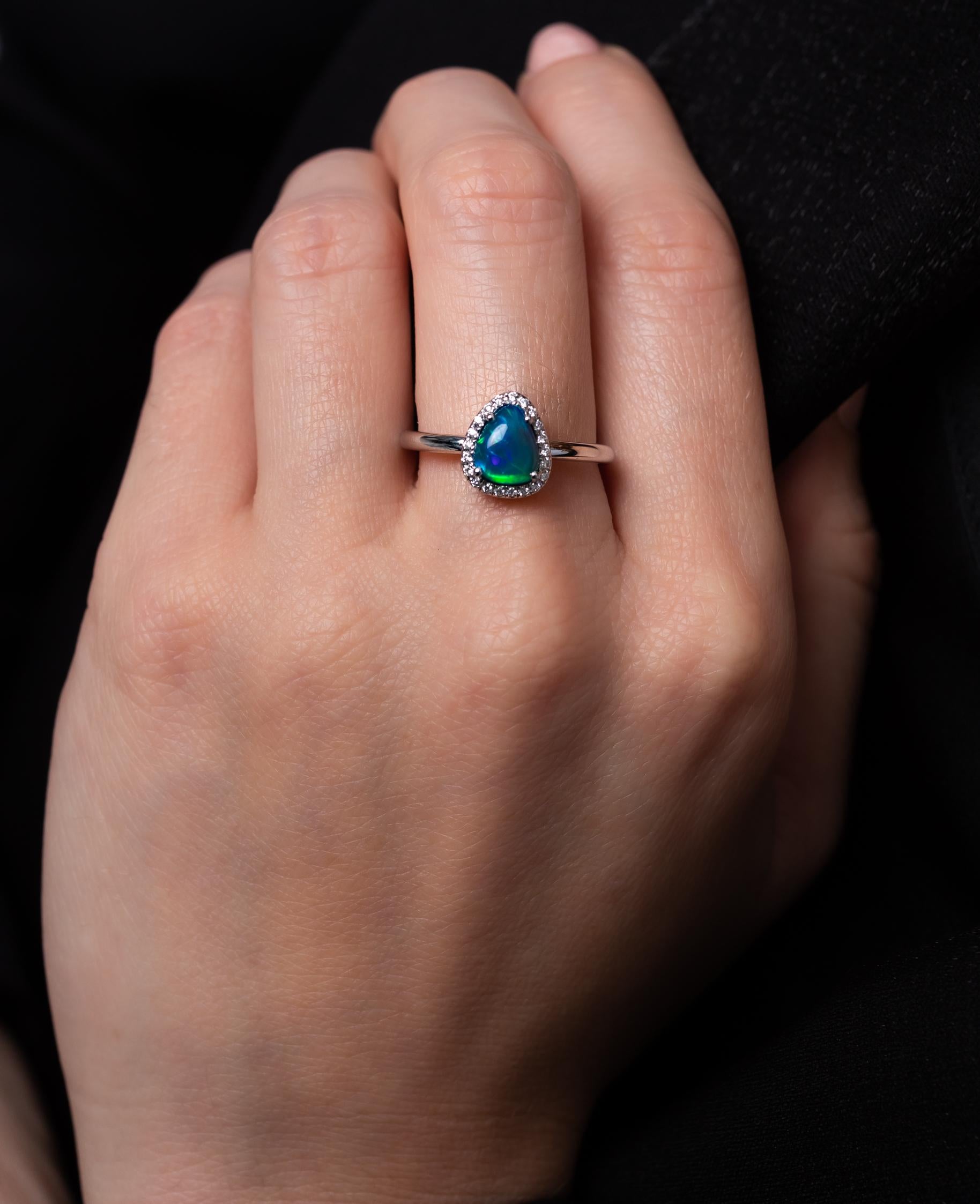 Contemporary Natural Untreated Australian 1.23ct Black Opal and Diamond Ring 18k White Gold