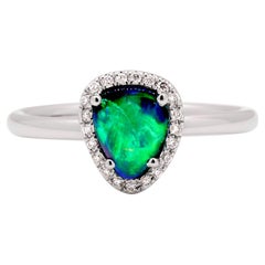 Natural Untreated Australian 1.23ct Black Opal and Diamond Ring 18k White Gold