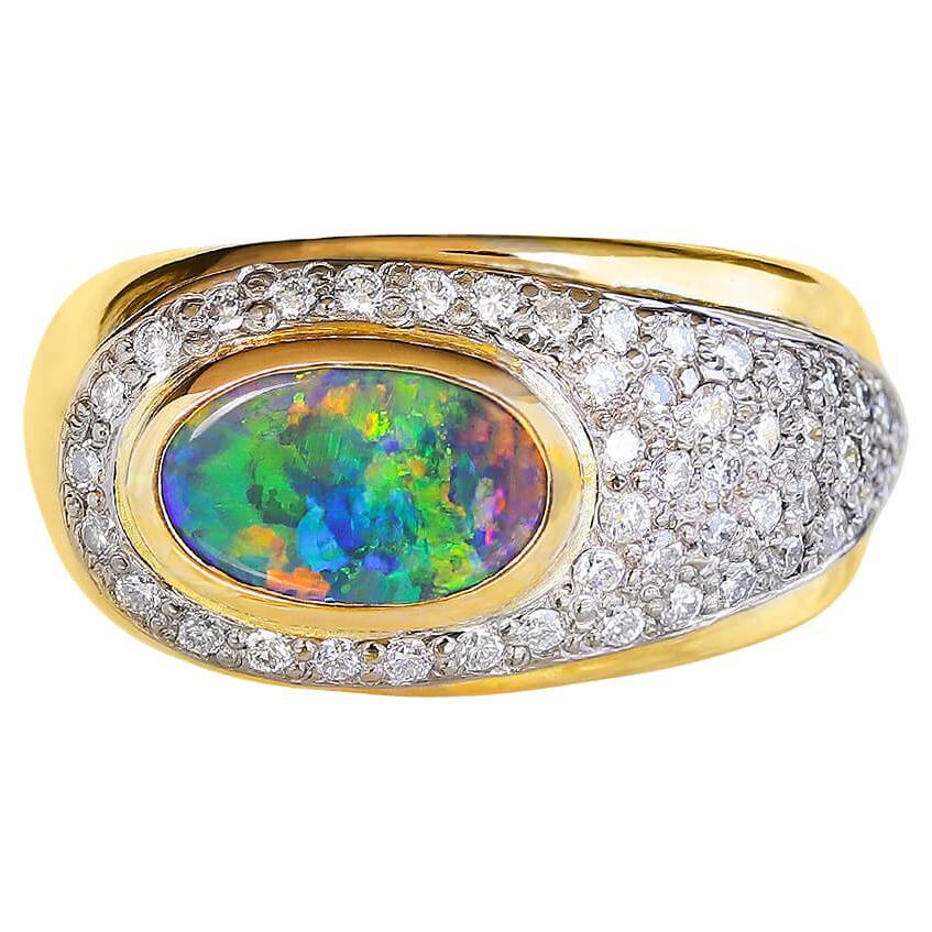 Australian 1.25ct Black Opal, Diamond, 18k Yellow & White Gold Ring For Sale