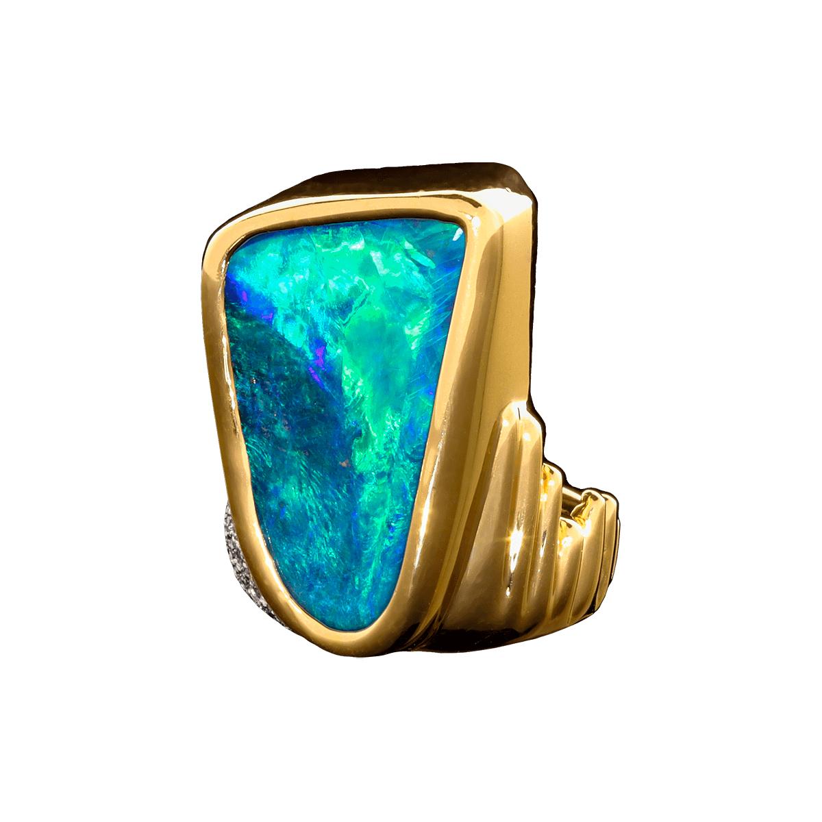 Art Deco Australian 12.94ct Black Boulder Opal, Diamond, 18K Gold & Platinum Ring For Sale