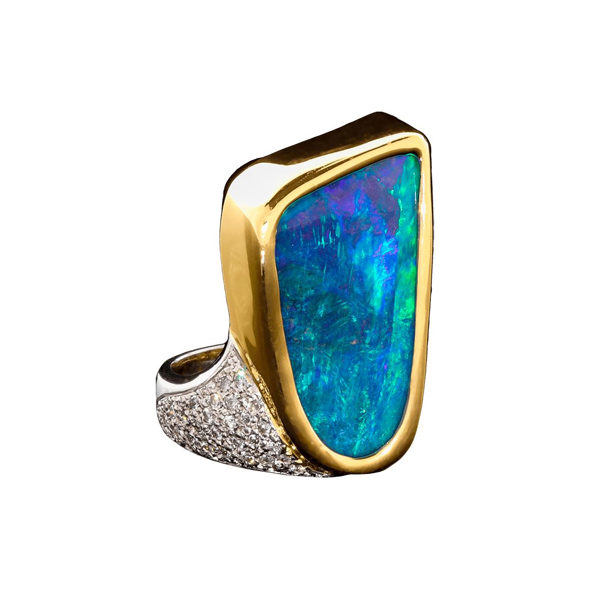 Cabochon Australian 12.94ct Black Boulder Opal, Diamond, 18K Gold & Platinum Ring For Sale
