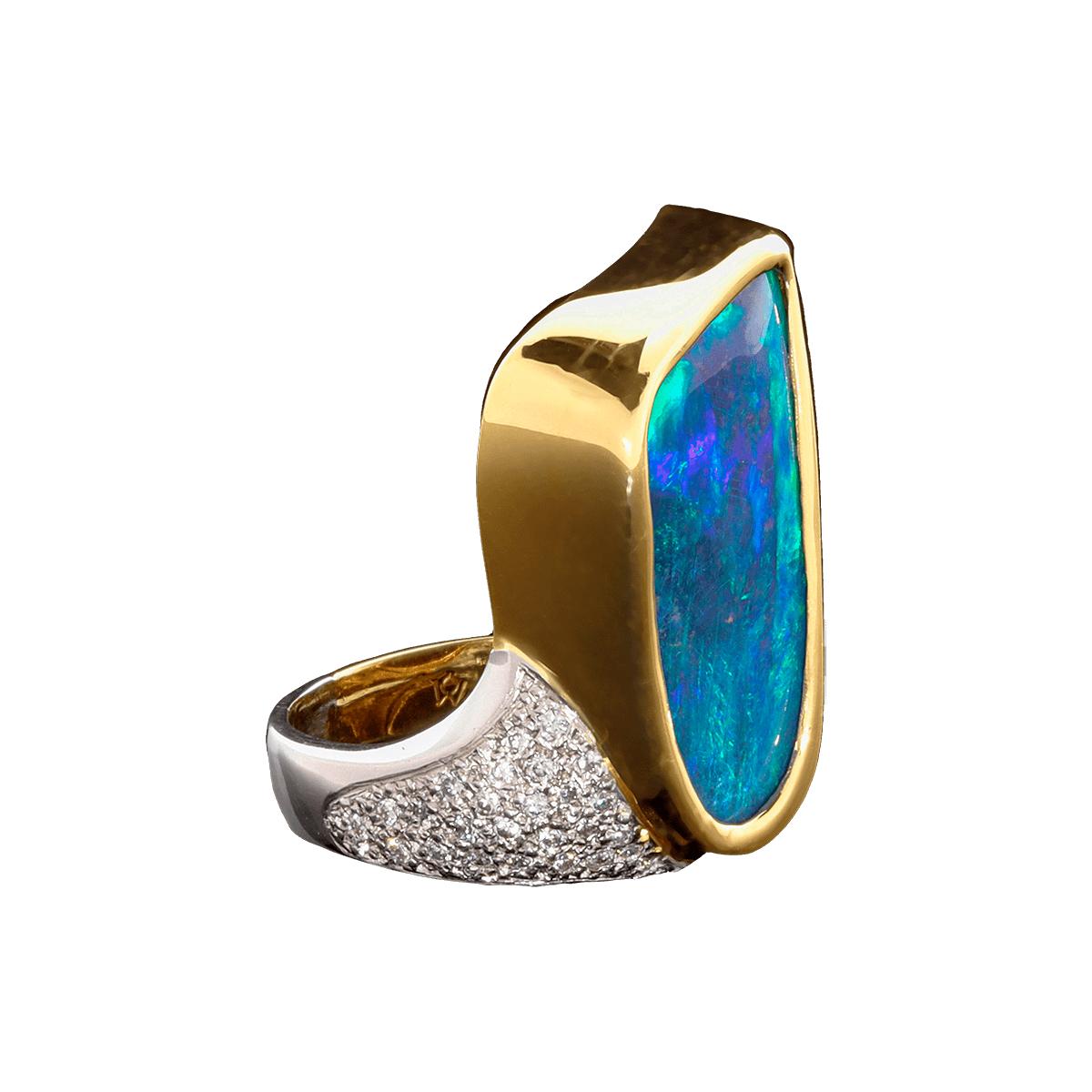 Australian 12.94ct Black Boulder Opal, Diamond, 18K Gold & Platinum Ring In New Condition For Sale In MAIN BEACH, QLD
