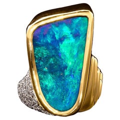 Australian 12.94ct Black Boulder Opal, Diamond, 18K Gold & Platinum Ring