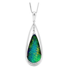 Natural Australian 13.19ct Boulder Opal Necklace in 18k White Gold with Diamonds