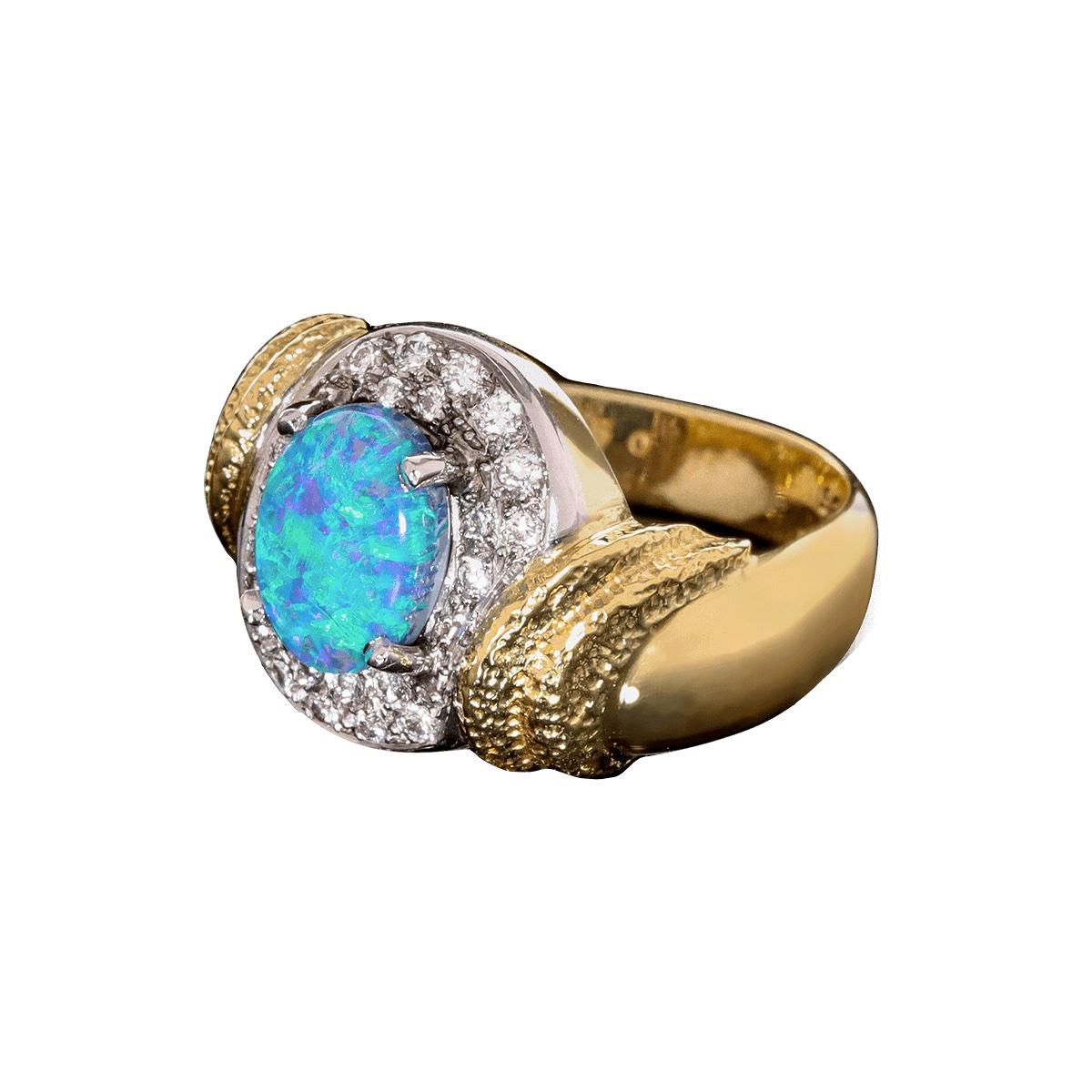 Bague australienne en or 18 carats et platine avec opale noire de 1,35 carat, diamants Unisexe en vente