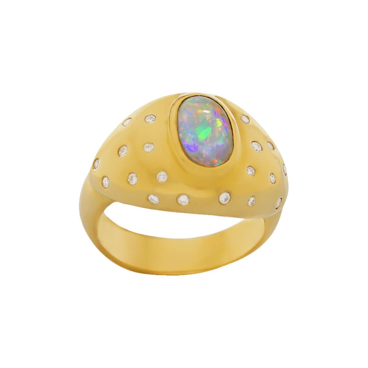 Cabochon Australian 1.35ct Crystal Opal, Diamond, 18K Gold Ring For Sale