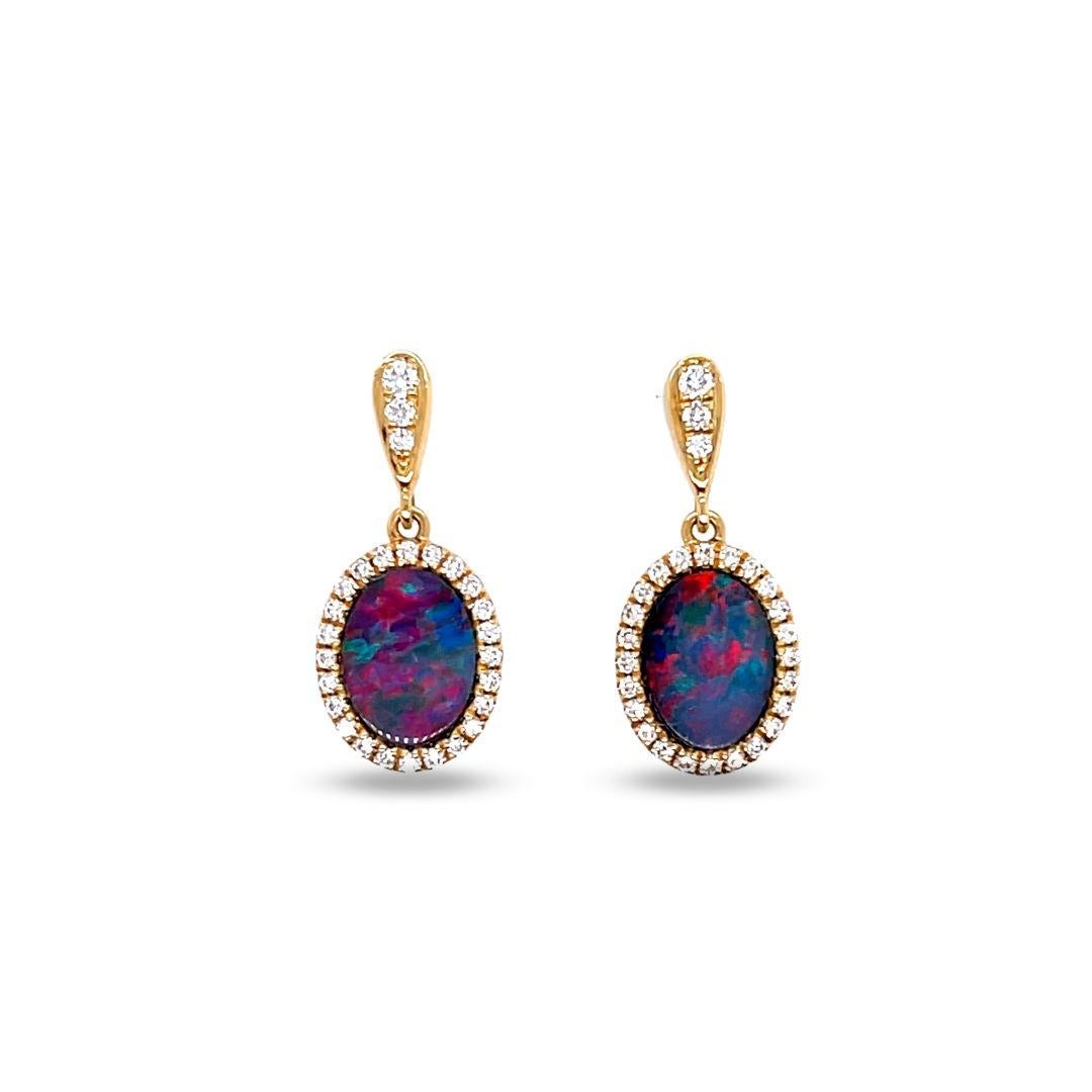 Contemporary Australian 1.35ct Opal Doublet Earrings in 18K Yellow Gold With Diamonds