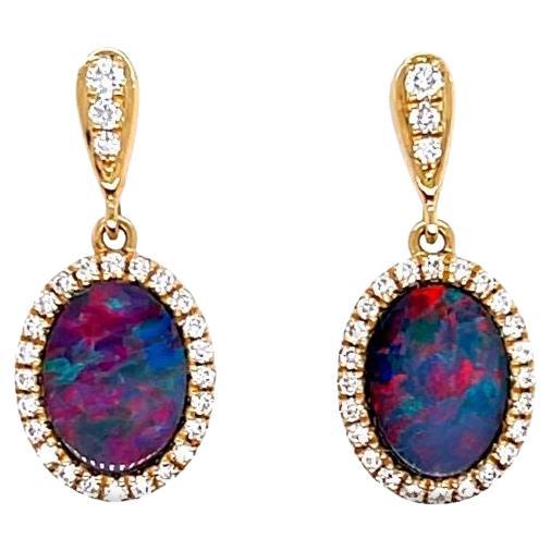 Australian 1.35ct Opal Doublet Earrings in 18K Yellow Gold With Diamonds