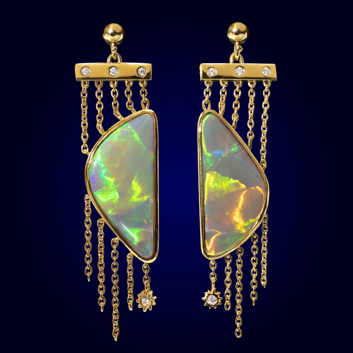 Australian 13.77ct Dark Opal, Diamond & 18K Gold Earrings In New Condition For Sale In MAIN BEACH, QLD