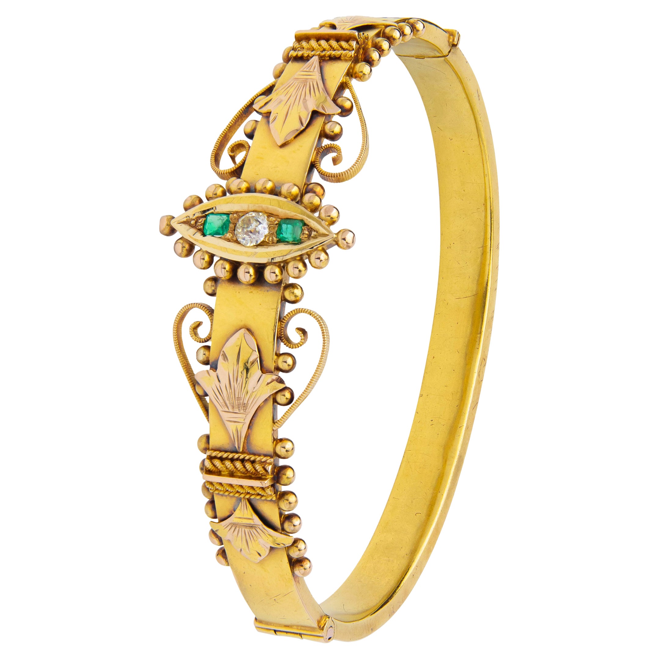 Australischer Armreif aus 15 Karat Gold, Diamant und Smaragd im Angebot