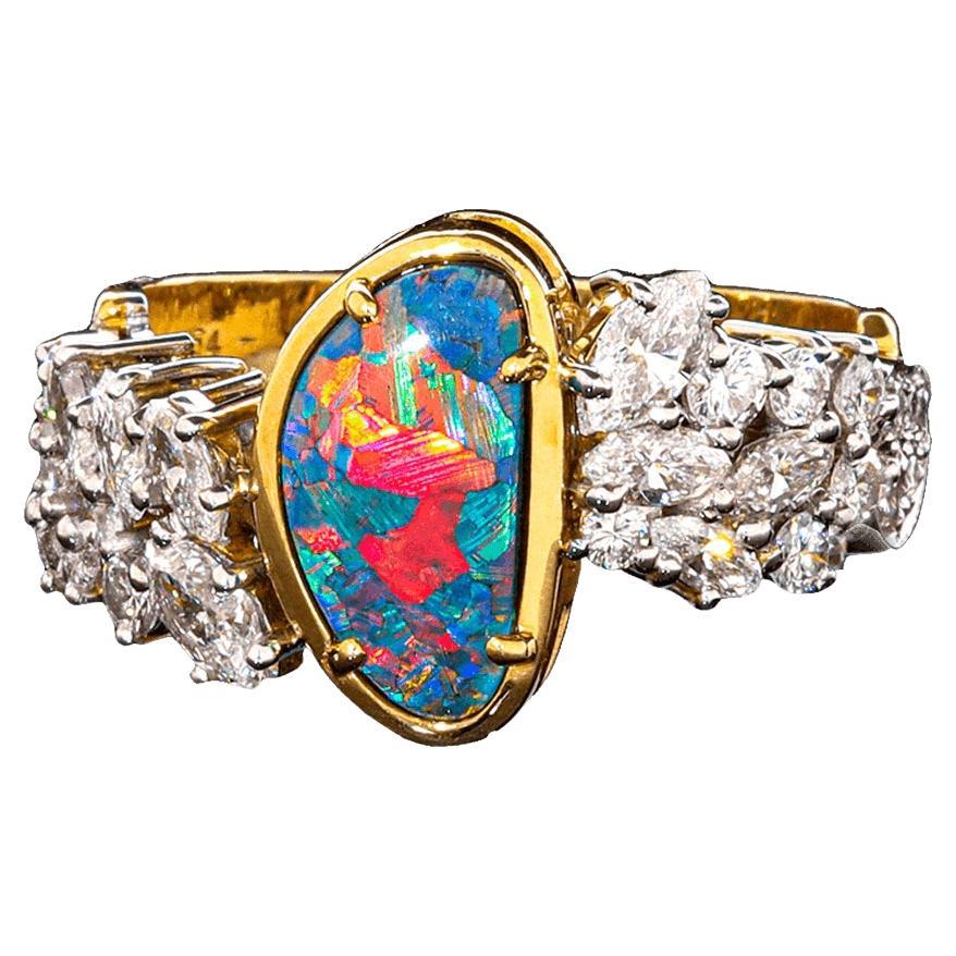 Australian 1.54ct Black Opal, Diamond, 18K Gold & Platinum Ring