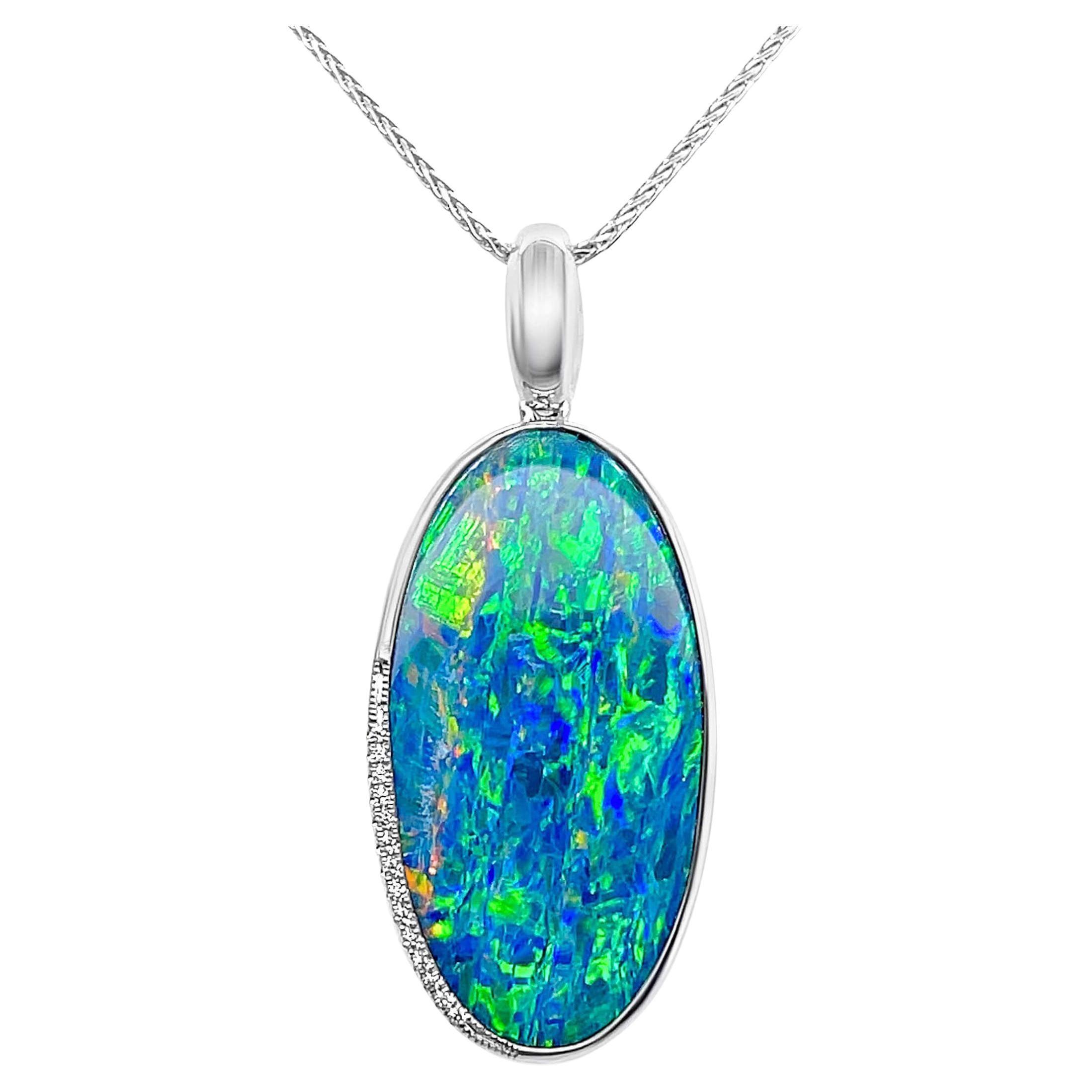 Australian 15.54ct Opal Doublet and Diamond Necklace in 18K White Gold