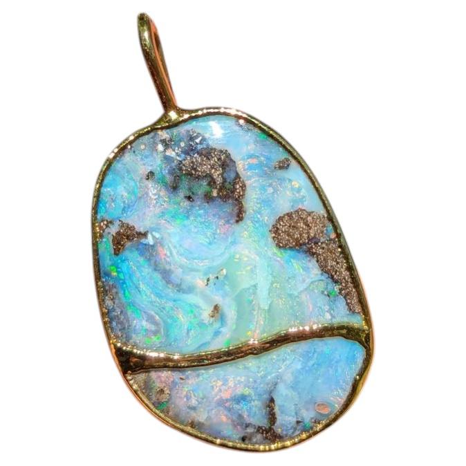 Australian 15ct Large Boulder Opal Pendant Gold Over 999 Silver