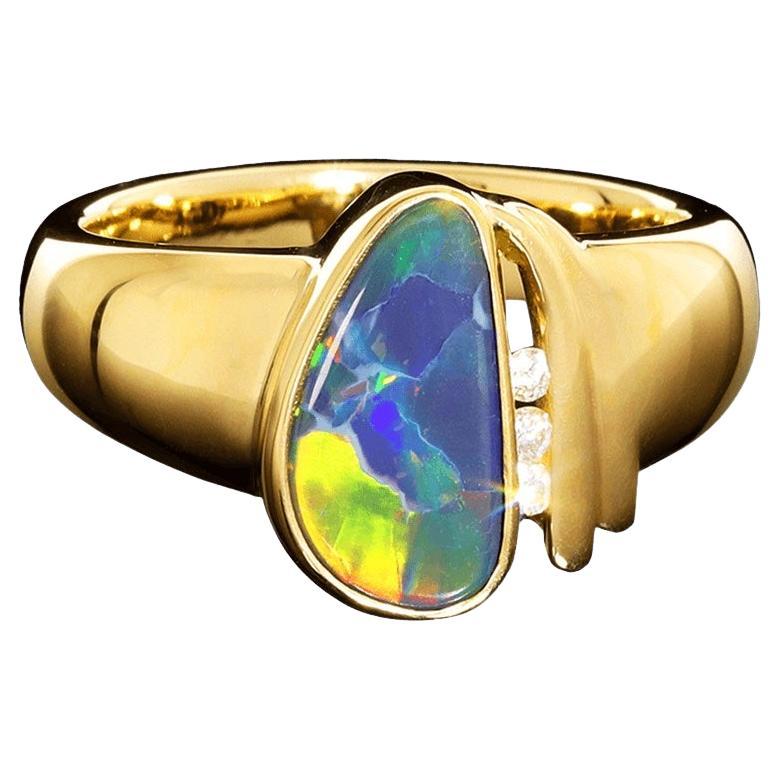 Australian 1.84ct Black Opal, Diamond & 18K Gold Ring For Sale
