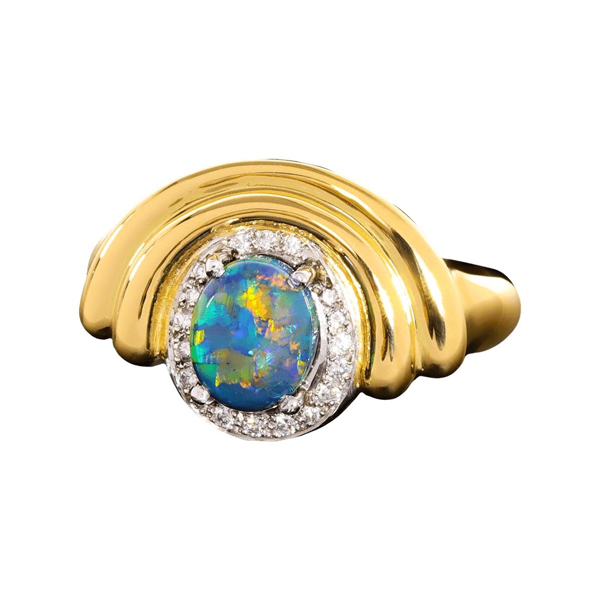 Art Deco Australian 1.85ct Black Opal, Diamond, 18K Gold & Platinum Ring For Sale
