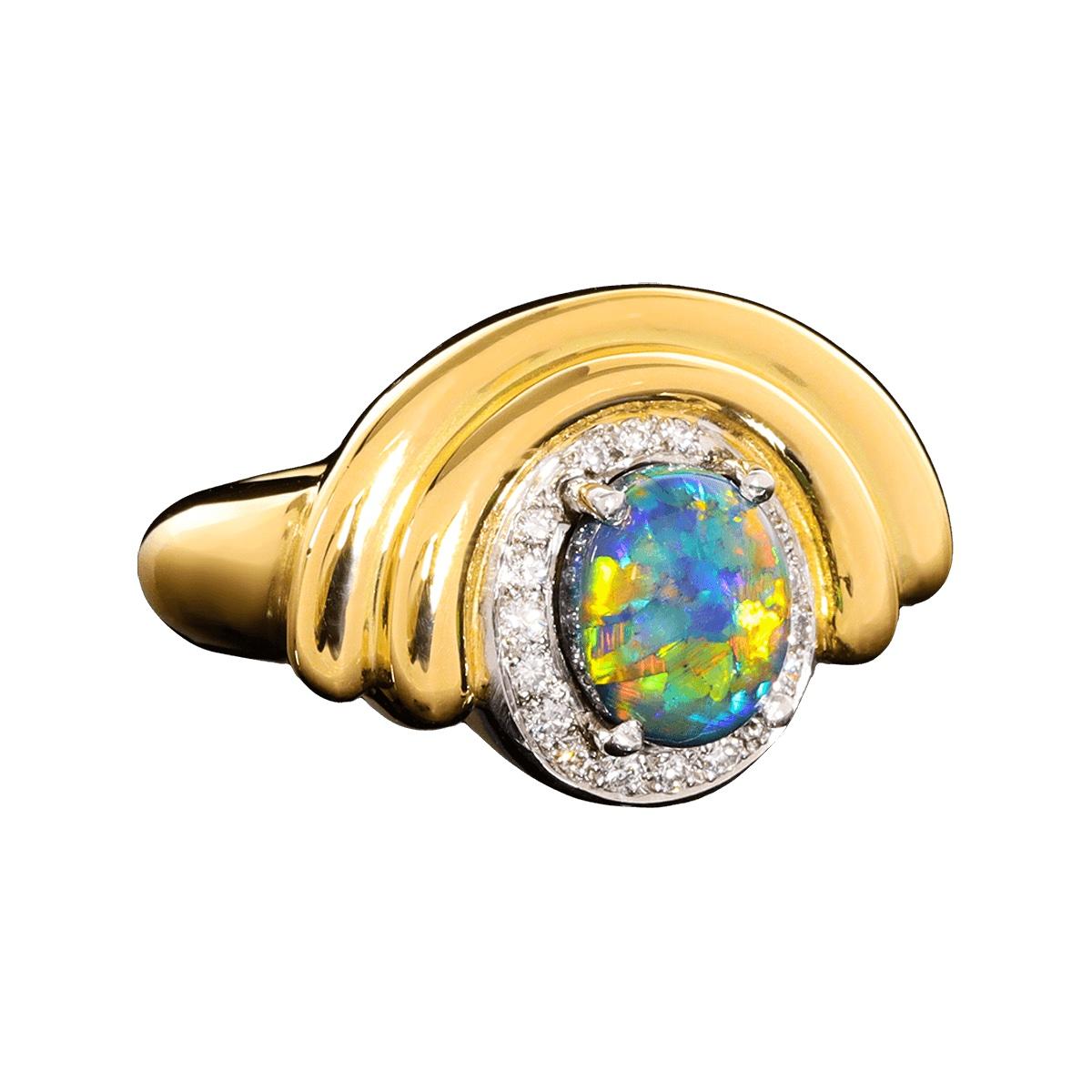 Cabochon Australian 1.85ct Black Opal, Diamond, 18K Gold & Platinum Ring For Sale