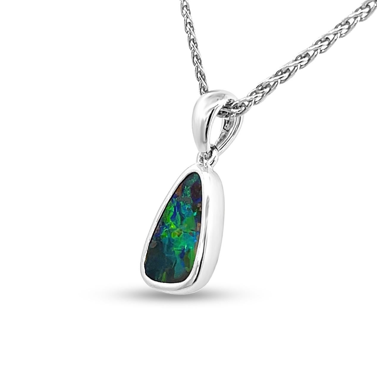 Cabochon Australian 1.86ct Boulder Opal Pendant Necklace in 18k White Gold For Sale