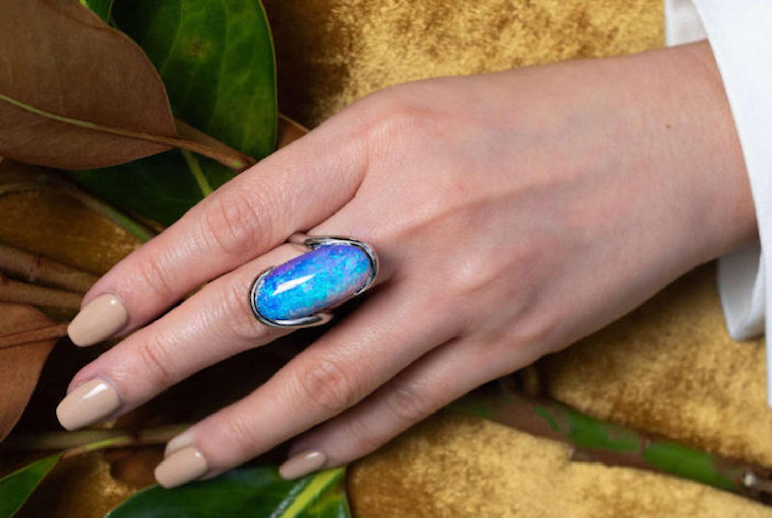 “Audrey’s Sky” opal ring is like the heavens on a perfect summer day. The impossibly blue 19.46ct boulder opal from our own mines in Jundah-Opalville is set in an ultra-contemporary 18K gold setting that makes this gem impossible to ignore. A