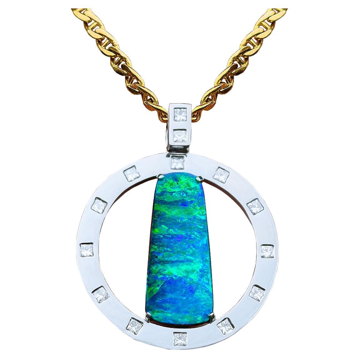 Australian 20.05ct Boulder Opal, Diamond & Platinum Necklace For Sale