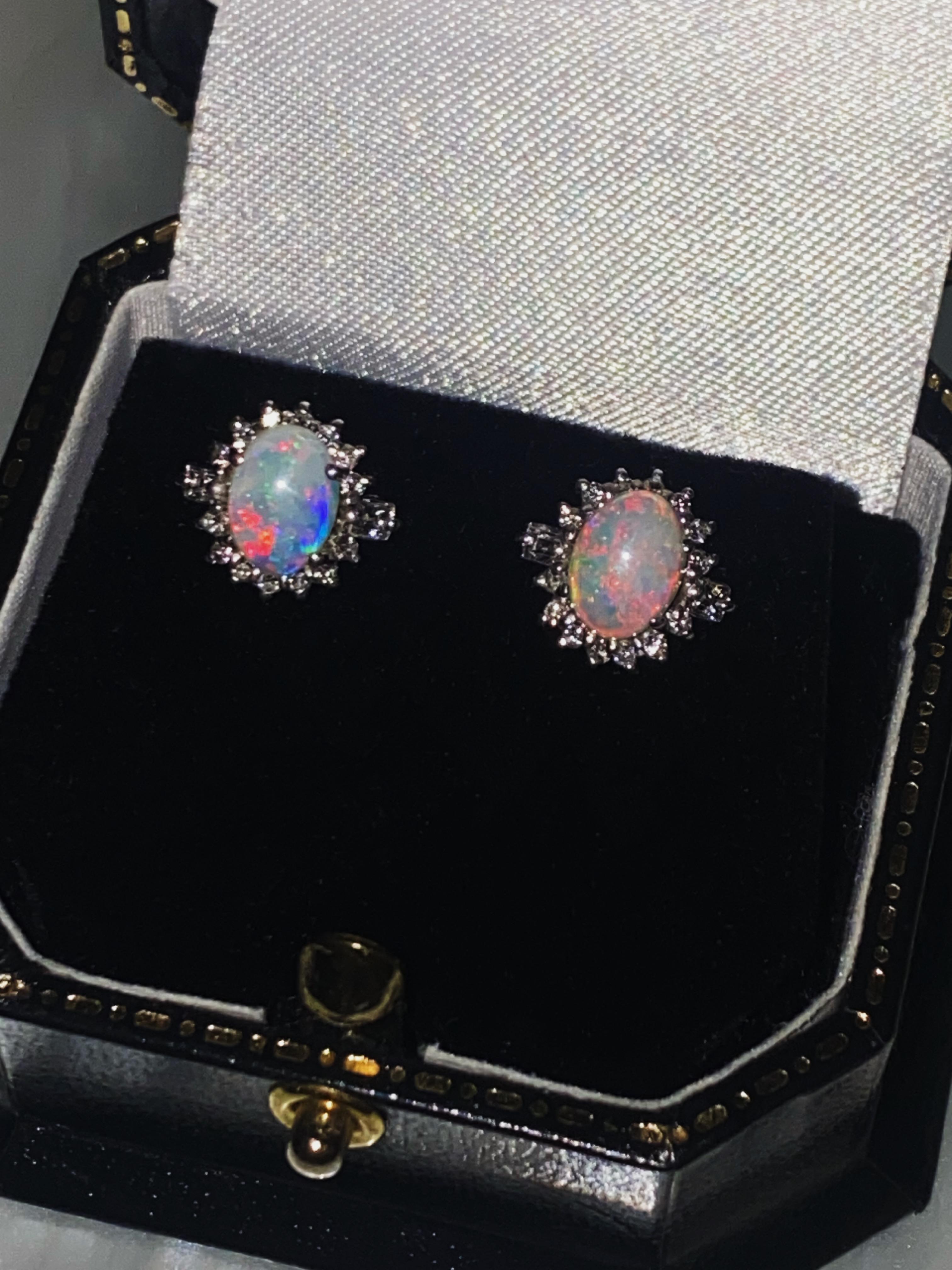 Oval Cut Australian 2.00ct Solid Opal & Cluster Diamond Stud Earrings in 18K White Gold For Sale