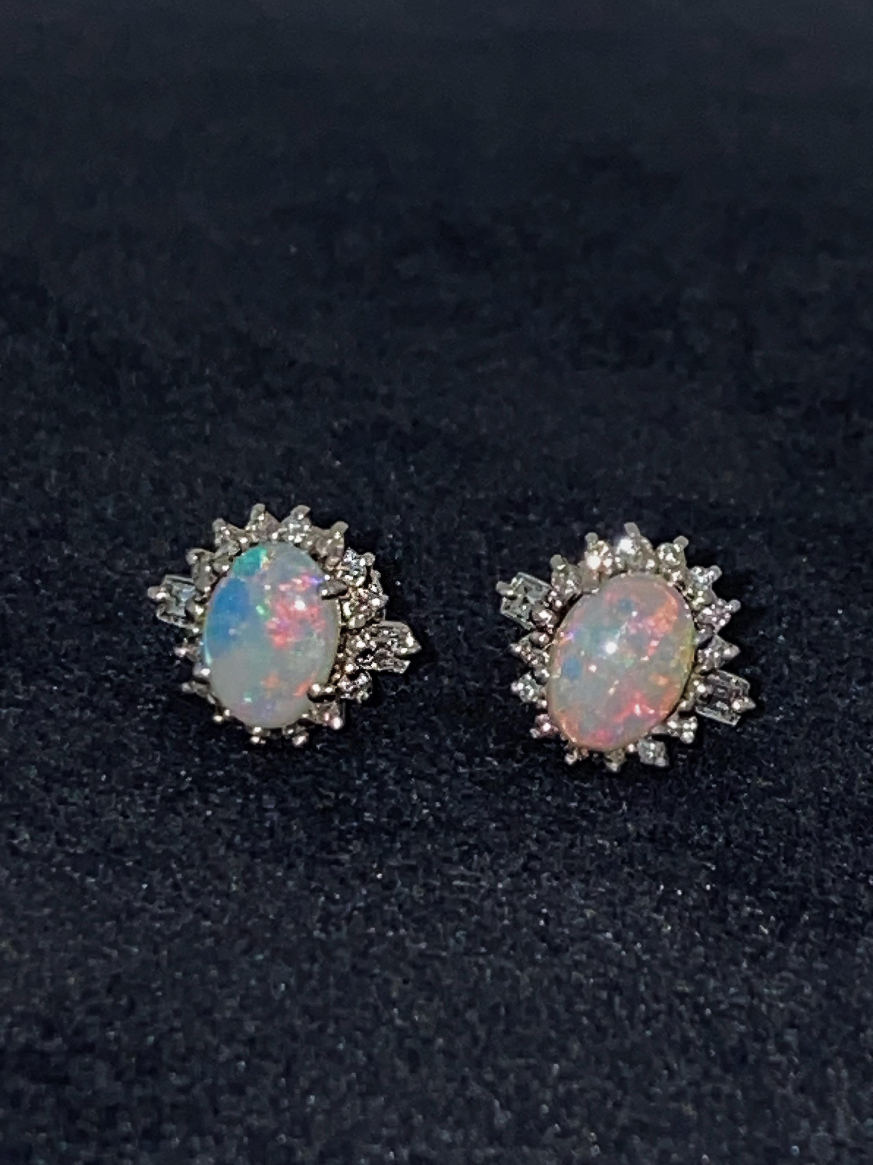 Women's Australian 2.00ct Solid Opal & Cluster Diamond Stud Earrings in 18K White Gold For Sale