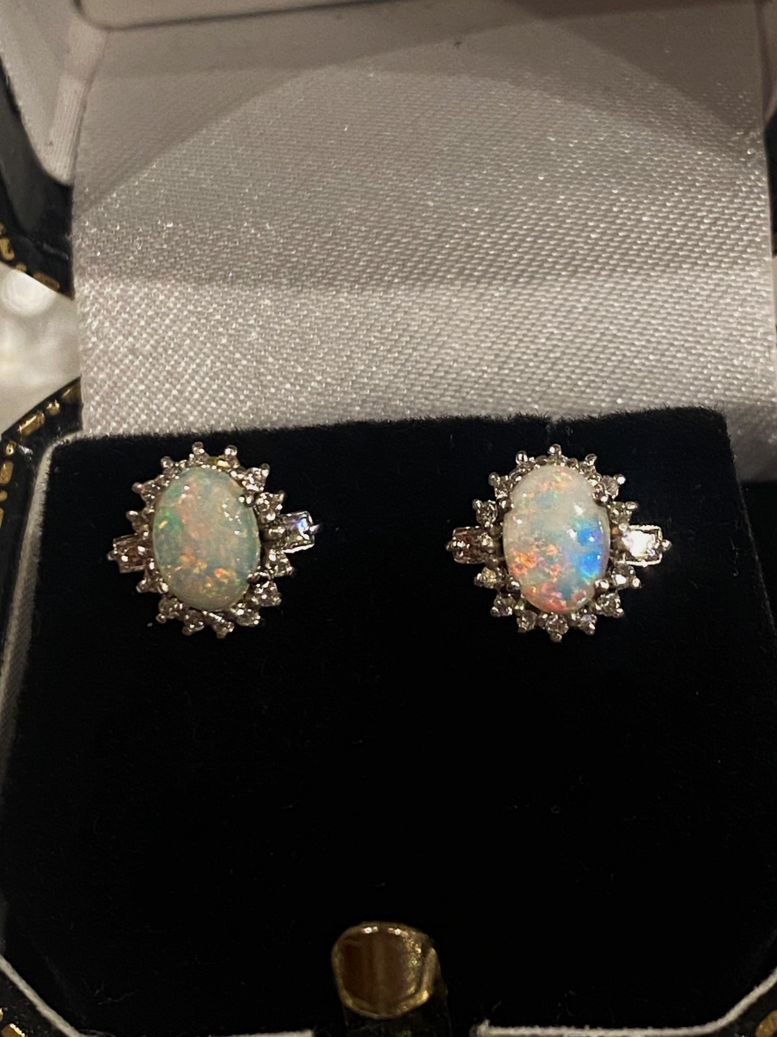 Australian 2.00ct Solid Opal & Cluster Diamond Stud Earrings in 18K White Gold For Sale 1