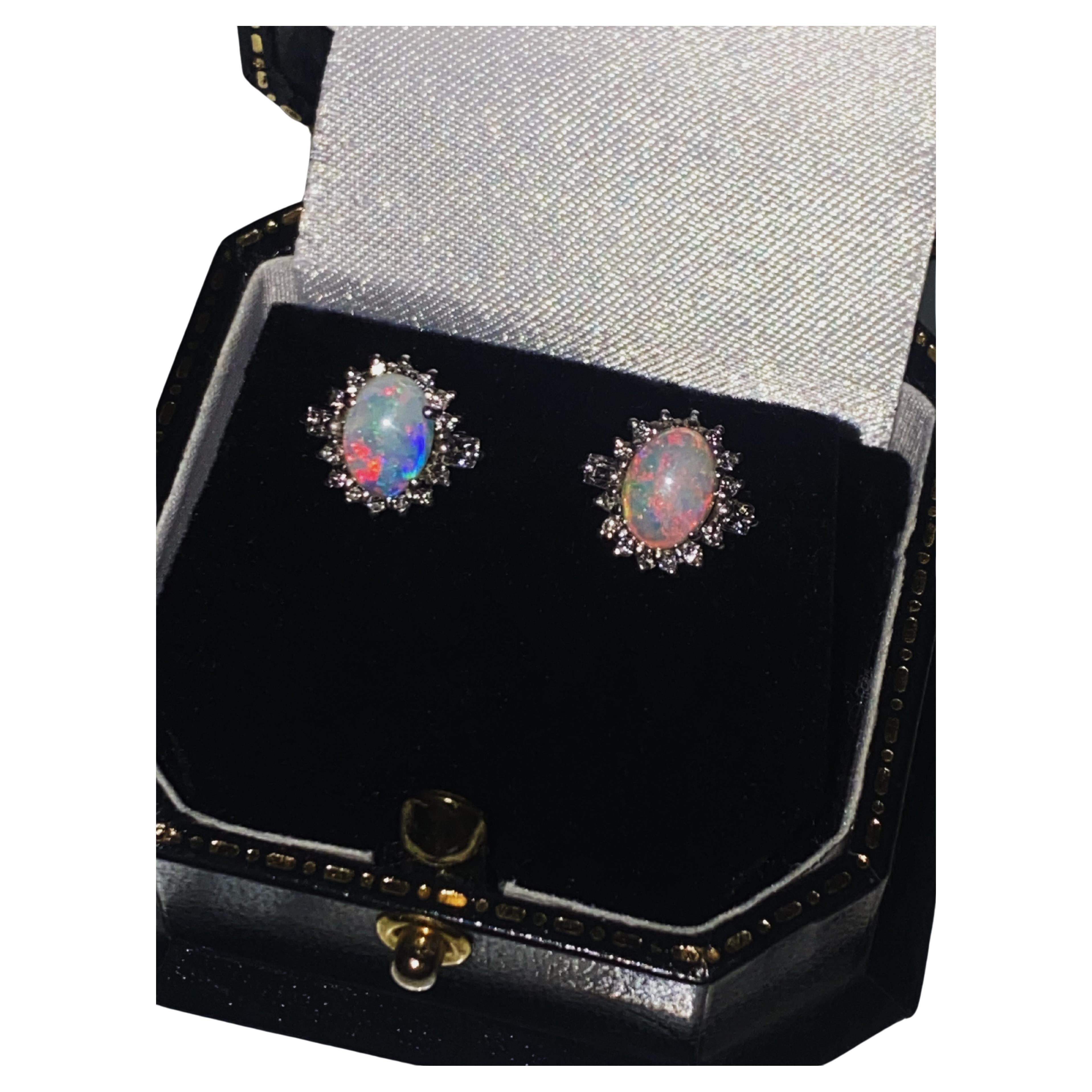 Australian 2.00ct Solid Opal & Cluster Diamond Stud Earrings in 18K White Gold