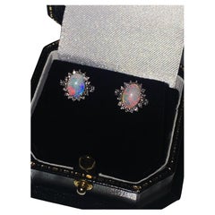 Retro Australian 2.00ct Solid Opal & Cluster Diamond Stud Earrings in 18K White Gold