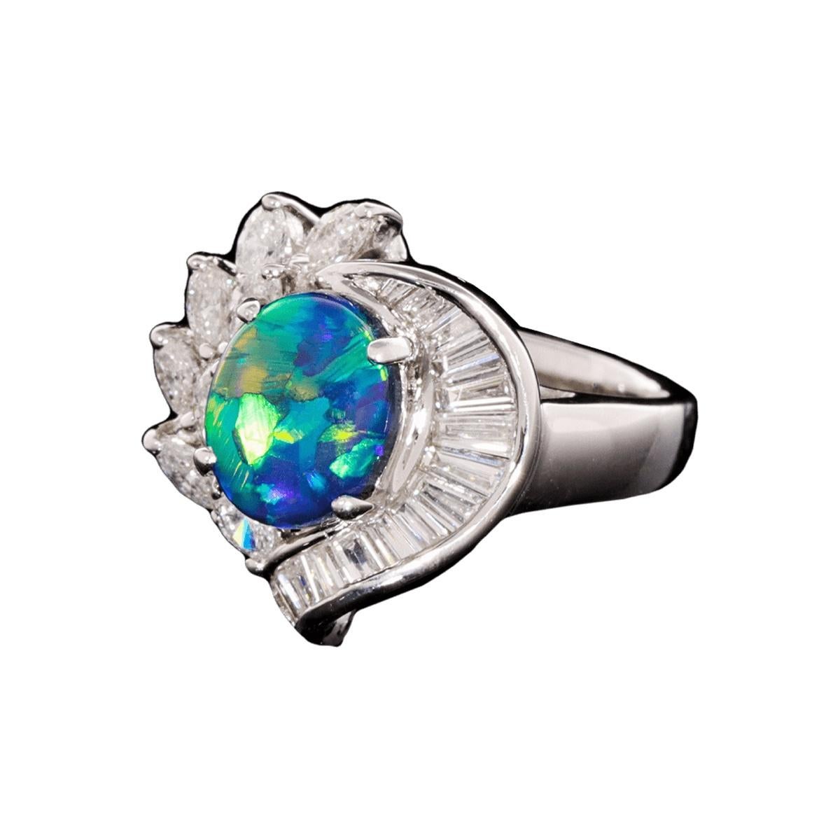 Cabochon Australian 2.05ct Black Opal, Diamond and 18K White Gold Ring For Sale