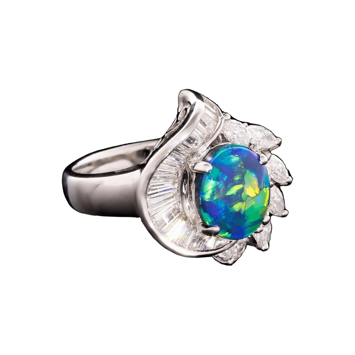 Australian 2.05ct Black Opal, Diamond and 18K White Gold Ring In New Condition For Sale In MAIN BEACH, QLD