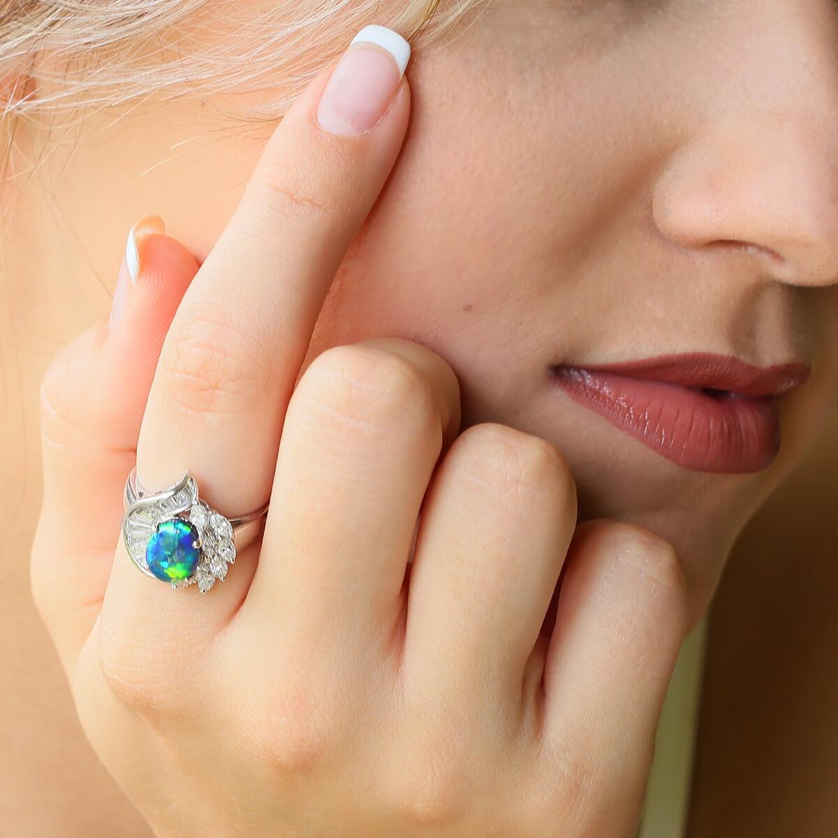 Women's Australian 2.05ct Black Opal, Diamond and 18K White Gold Ring For Sale