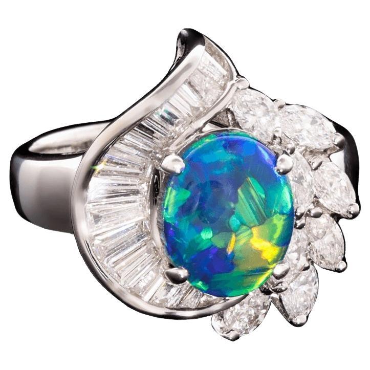 Australian 2.05ct Black Opal, Diamond and 18K White Gold Ring For Sale