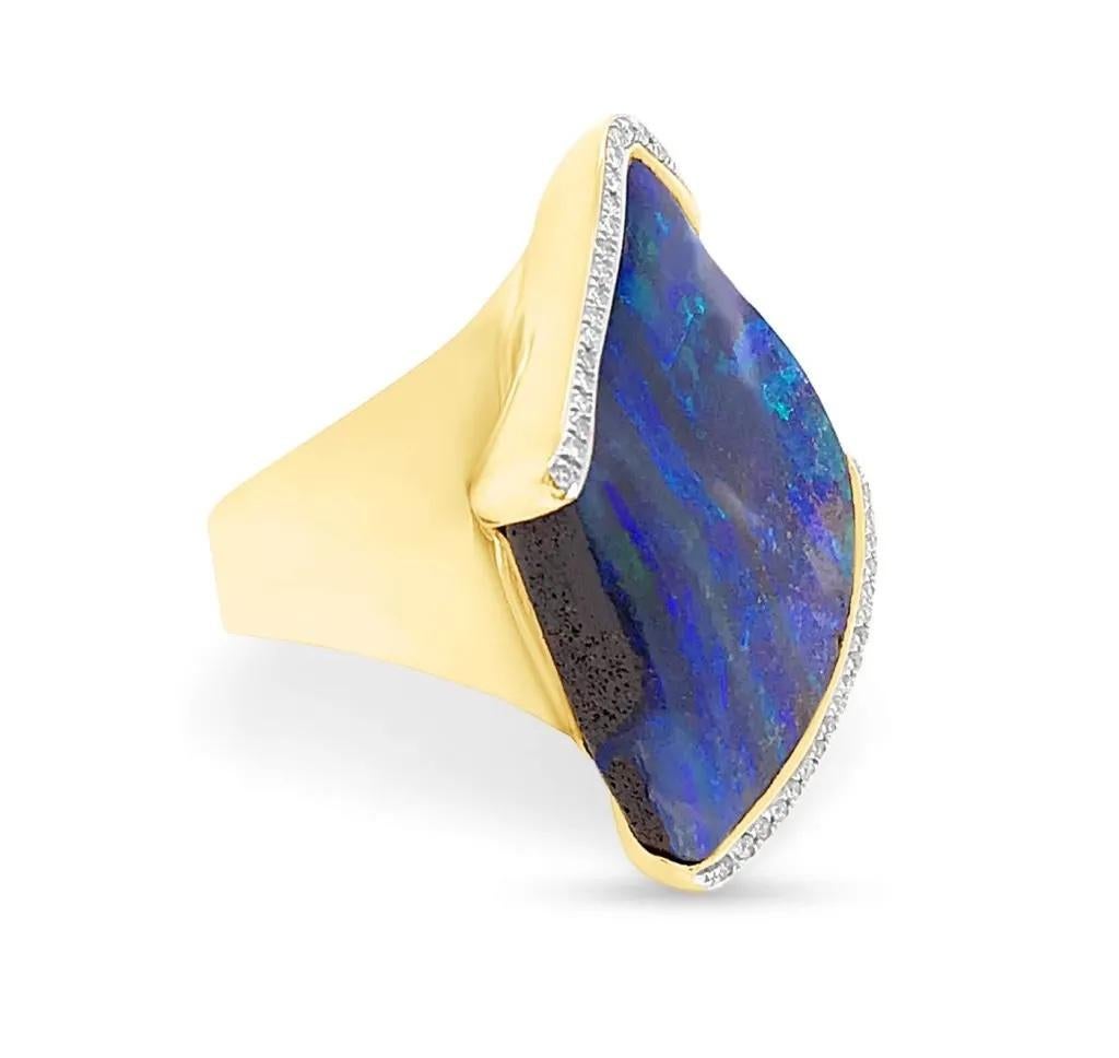 Contemporary Natural Untreated Australian 20.69ct Boulder Opal Ring in 18K Yellow Gold