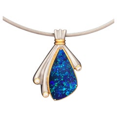 Vintage Australian 21.86ct Boulder Opal, Diamond, Platinum & 18K Gold Necklace