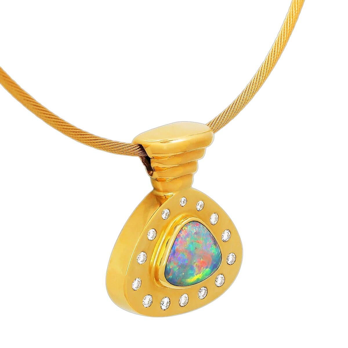 Art Deco Australian 2.20ct Black Opal, Diamond & 18K Gold Necklace For Sale