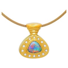 Australian 2.20ct Black Opal, Diamond & 18K Gold Necklace