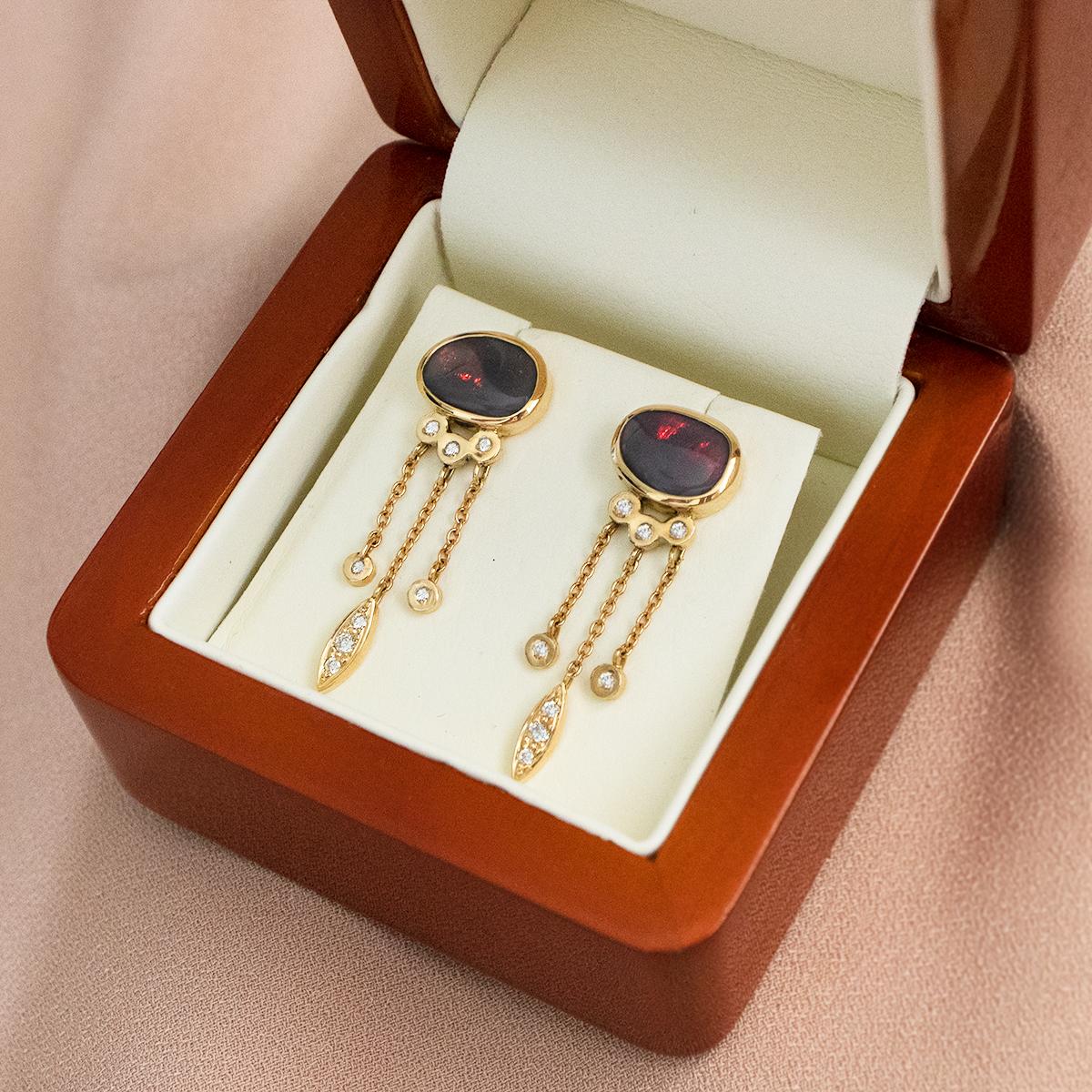 Australian 2.25 Carat Black Opal, Diamond & 18k Gold Earrings In New Condition For Sale In MAIN BEACH, QLD