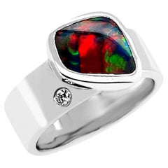 Natural Untreated Australian 2.40ct Black Opal Ring 18K White Gold with Diamond