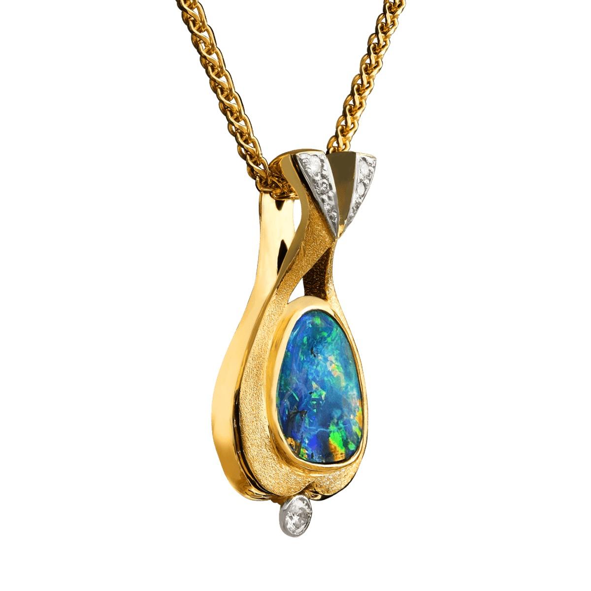 Halskette aus 18 Karat Gold und Platin mit australischem 2,60 Karat Boulder-Opal, Diamant (Cabochon) im Angebot