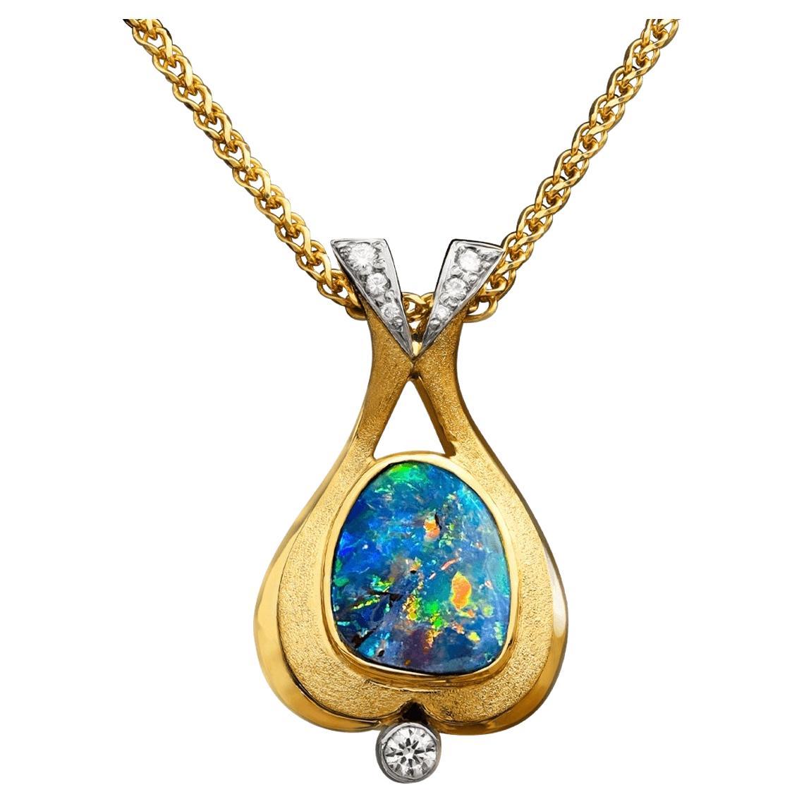 Halskette aus 18 Karat Gold und Platin mit australischem 2,60 Karat Boulder-Opal, Diamant