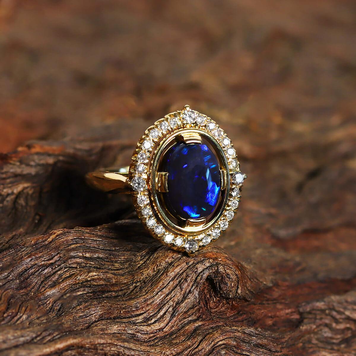Cabochon Australian 2.63ct Black Opal, Diamond, 18k Gold Ring For Sale