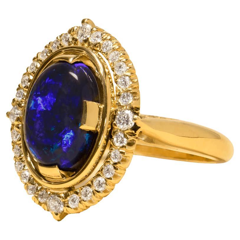 Australian 2.63ct Black Opal, Diamond, 18k Gold Ring For Sale