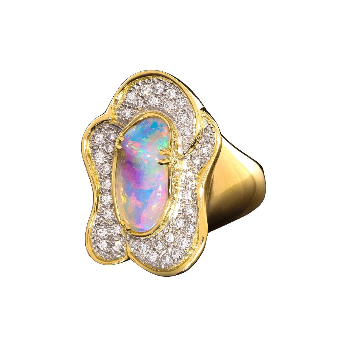 Australian 2.71ct Crystal Opal, Diamond, 18K Gold & Platinum Ring In New Condition For Sale In MAIN BEACH, QLD