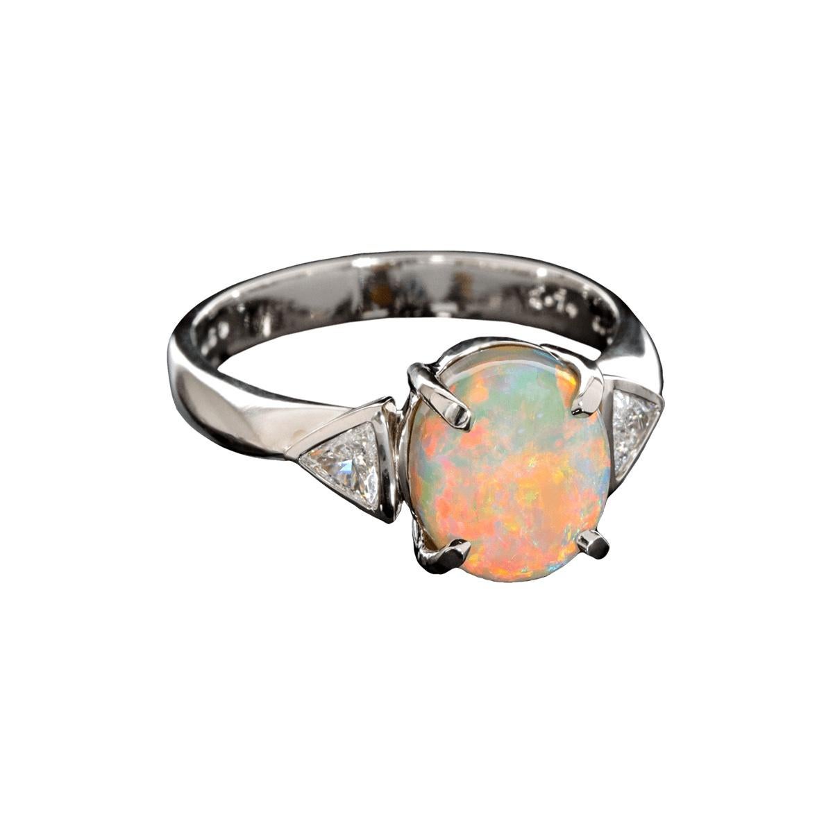 Australian 2.74ct Crystal Opal, Diamond & Platinum Ring In New Condition For Sale In MAIN BEACH, QLD