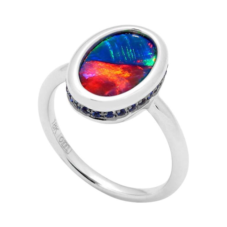 Natural Untreated Australian 2.83ct Black Opal Ring 18 Karat White Gold For Sale