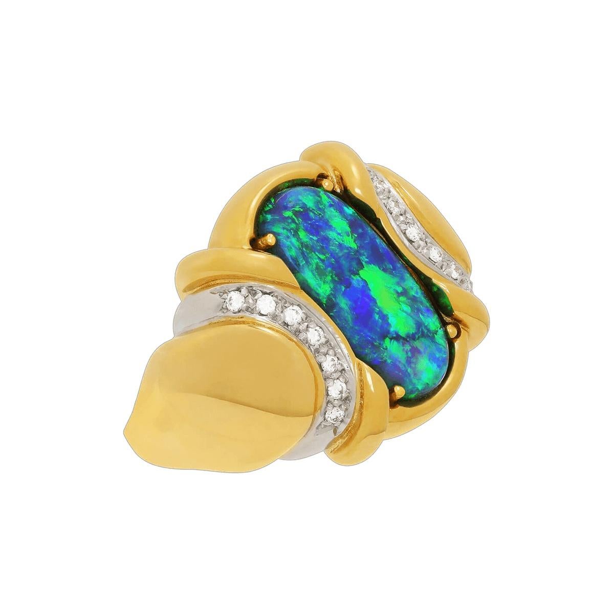 Cabochon Australian 3.29ct Black Opal, Diamond, 18K Gold & Platinum Ring For Sale