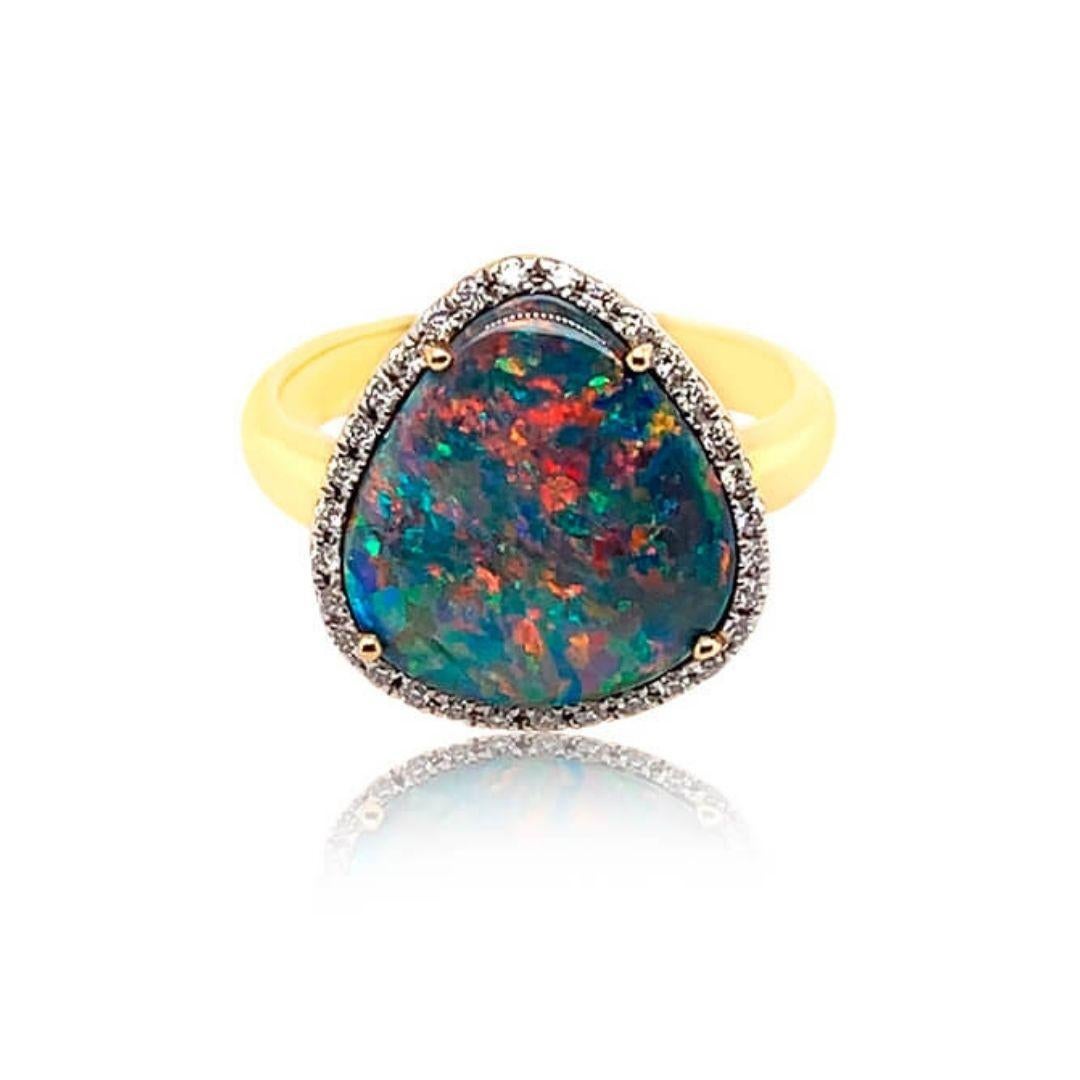 Cabochon Natural Untreated 3.32ct Australian Black Opal Diamonds Ring 18K Yellow Gold