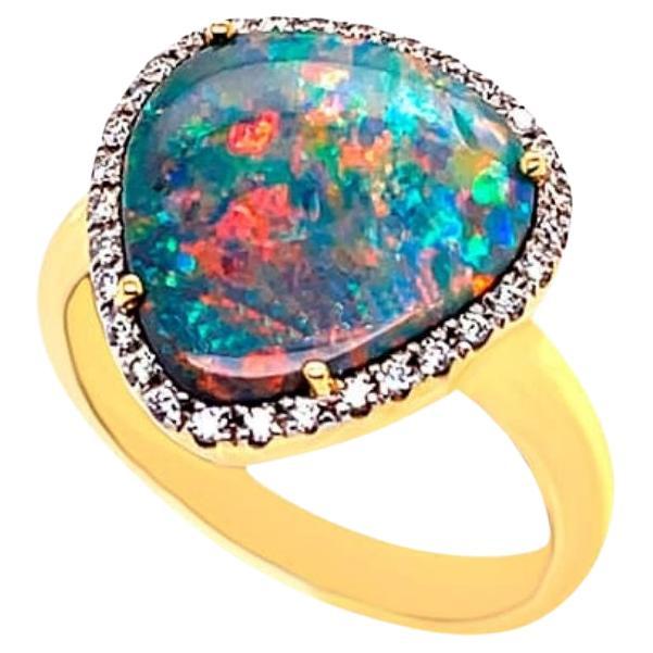 Natural Untreated 3.32ct Australian Black Opal Diamonds Ring 18K Yellow Gold