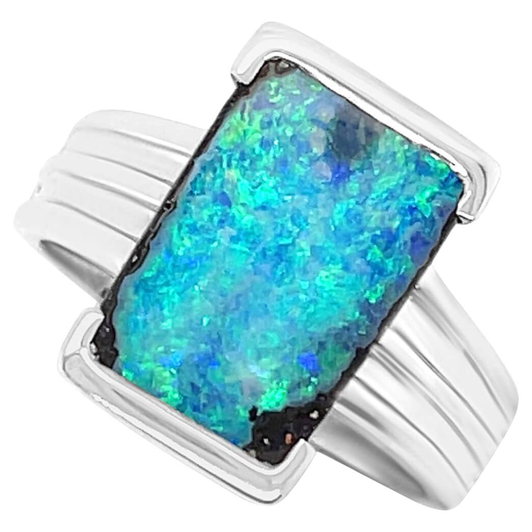 Natural Untreated Australian 3.77ct Natural Boulder Opal Ring in 18K White Gold For Sale